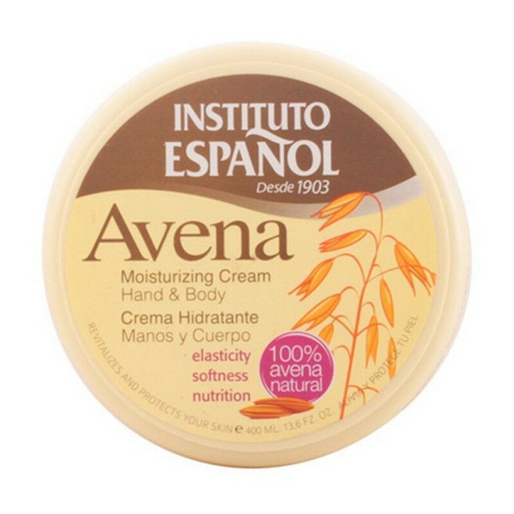 Barattolo rotondo di crema idratante Instituto Español Avena. Scritta Avena, illustrazione avena, 400ml, 100% Avena natural.