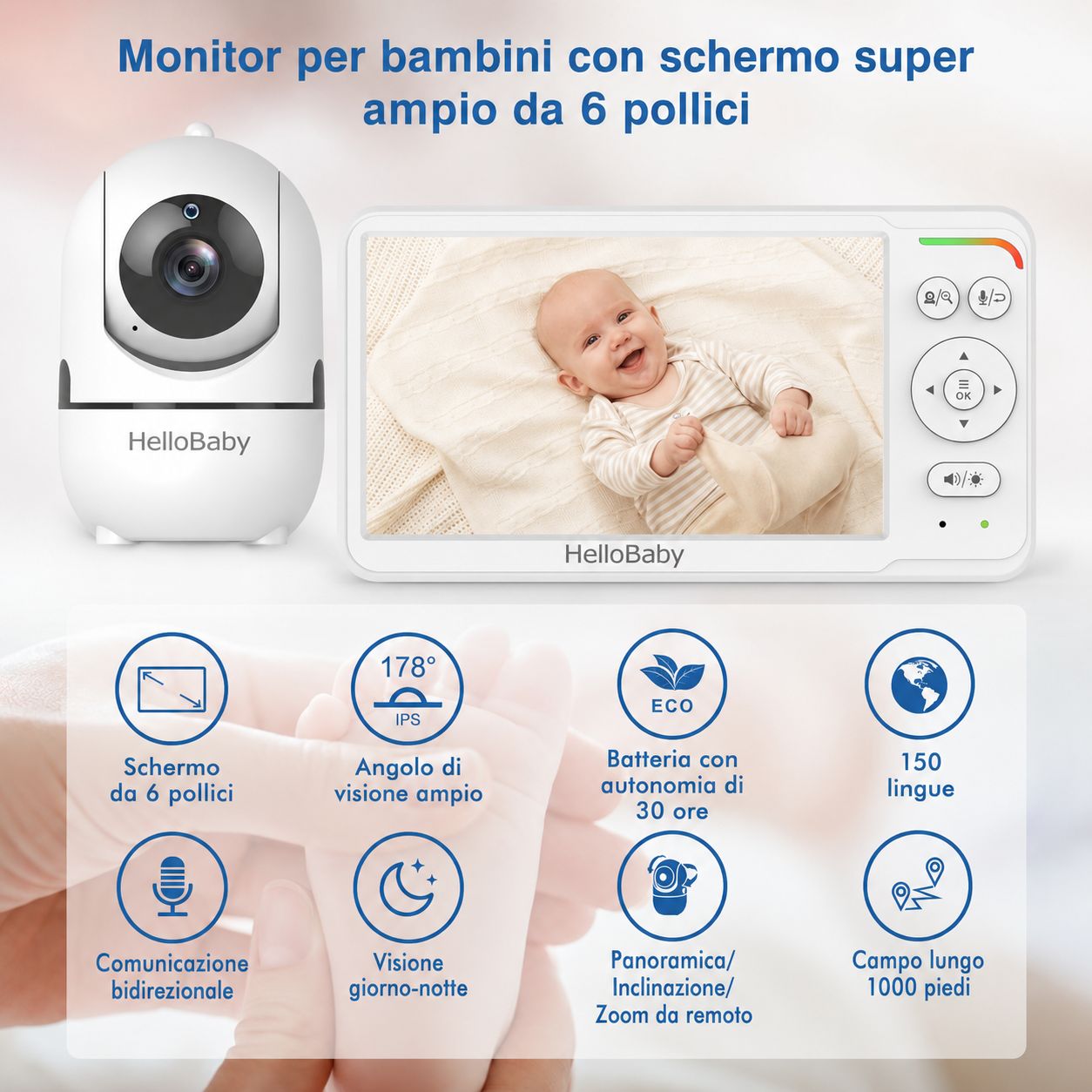 Baby monitor con telecamera da 6 pollici HelloBaby
