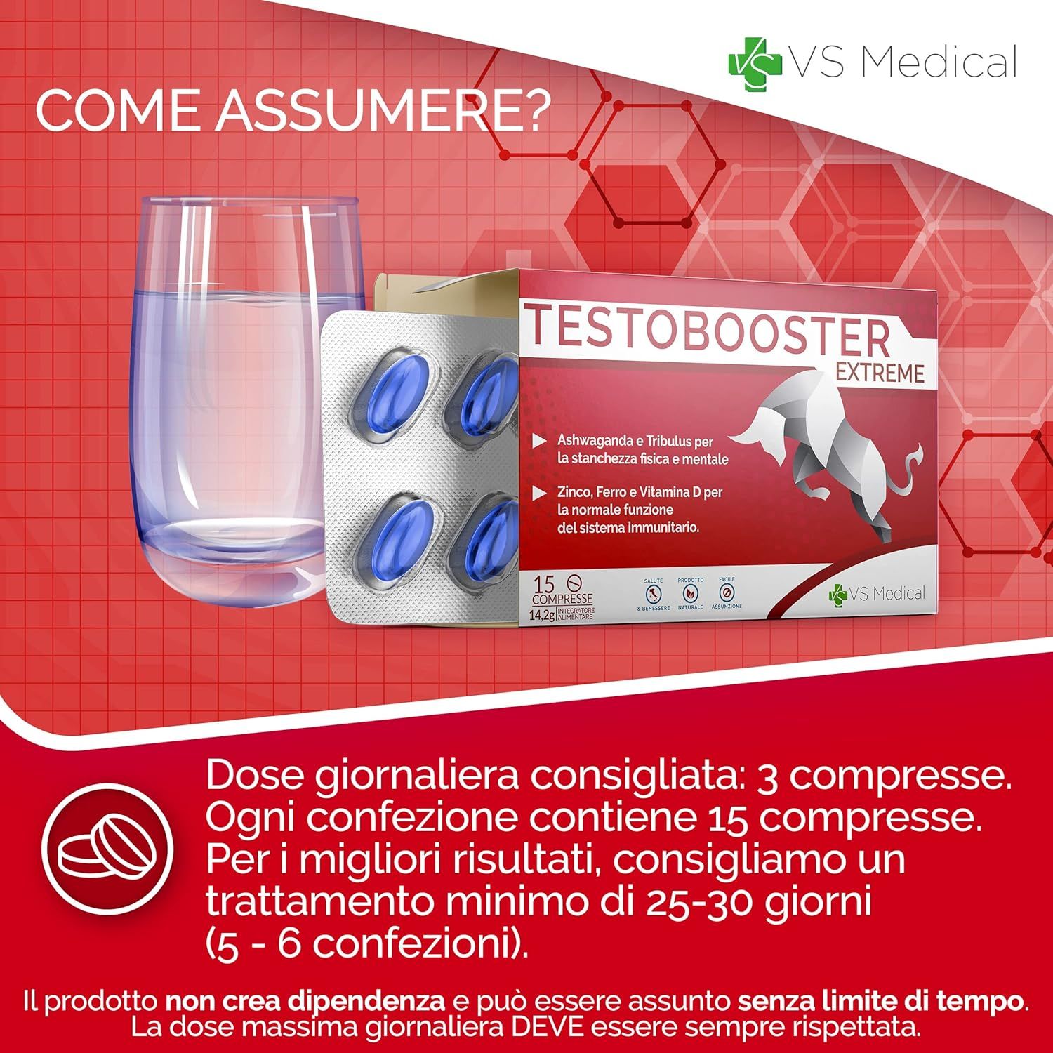 Confezione prodotto e compresse vicino a bicchiere d'acqua. Testo: Testobooster Extreme, 15 compresse. Dosaggio consigliato.