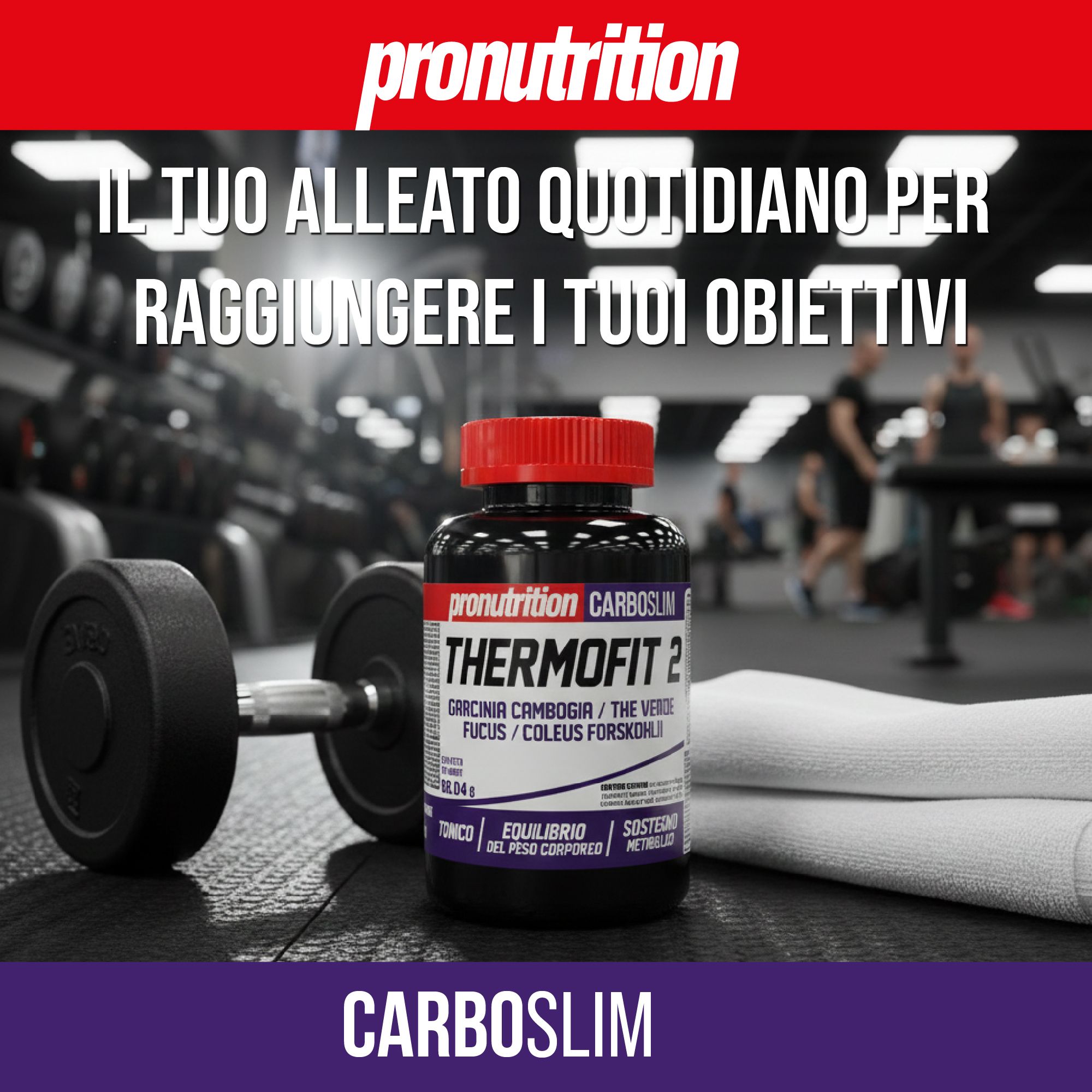 Flacone scuro con tappo rosso. Scritta Thermofit 2. Sullo sfondo, manubrio e asciugamano.