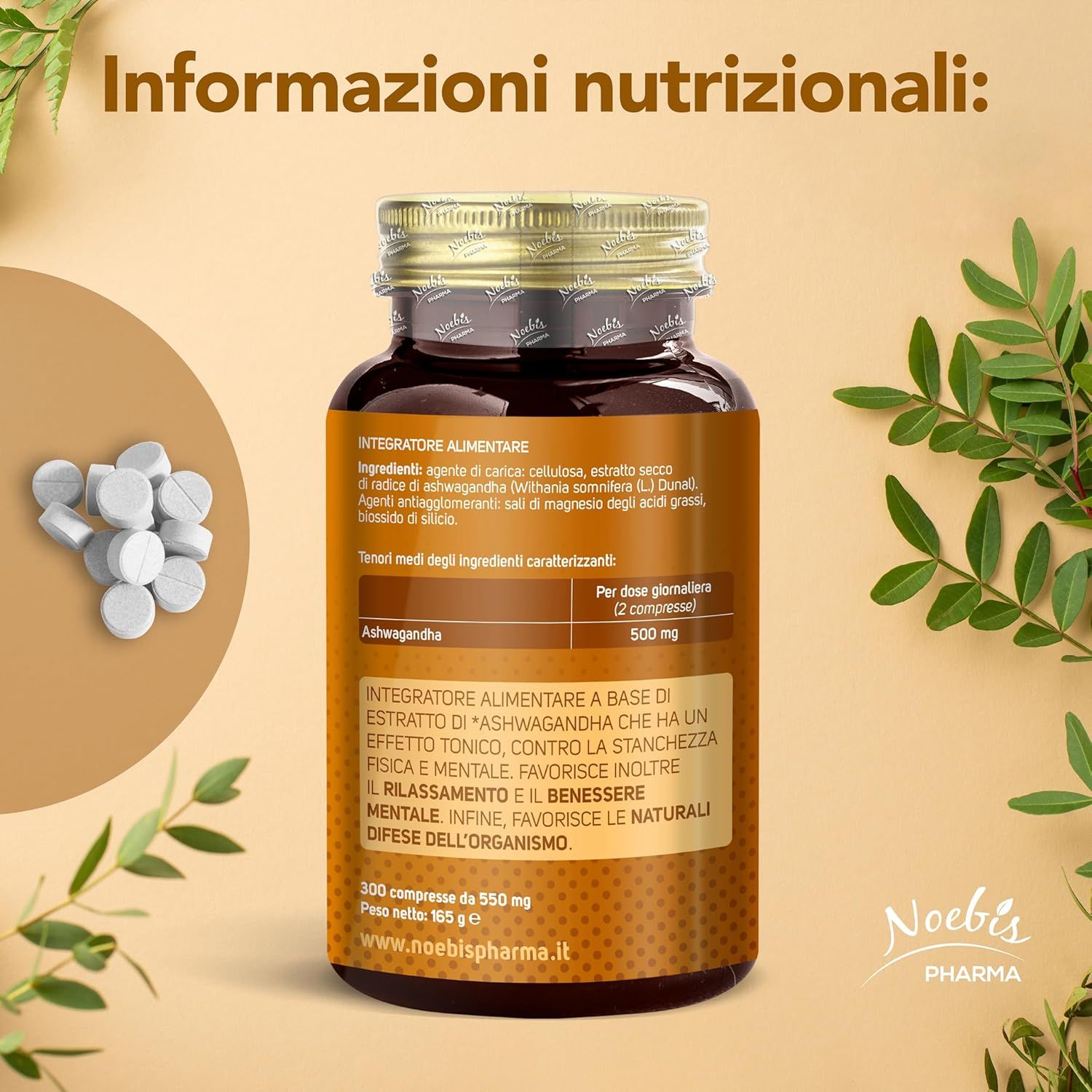 Retro di un flacone Noebis Pharma Ashwagandha con informazioni nutrizionali e ingredienti.