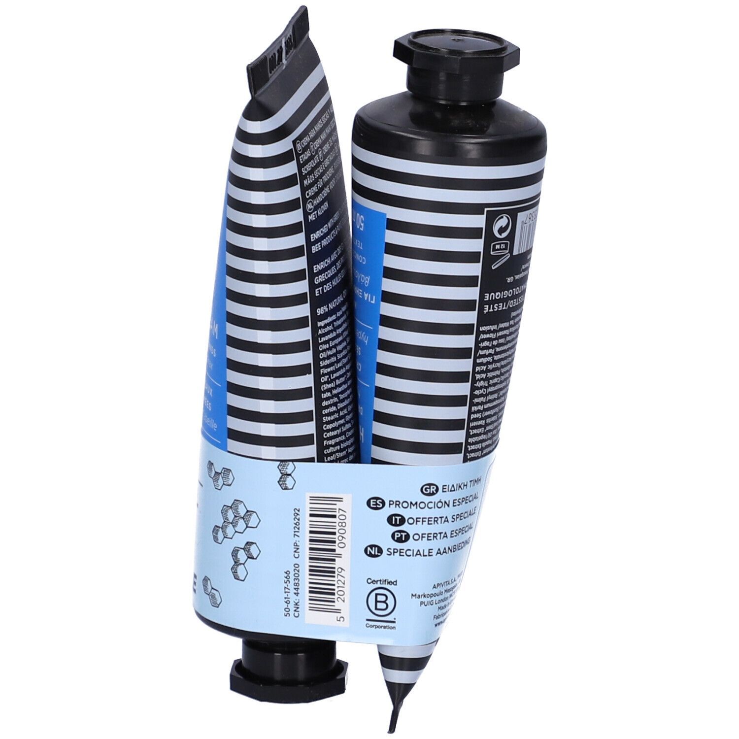 Due tubi di crema mani, parzialmente aperti, confezione blu e bianca. Scritta: APIVITA, Hand Cream, 2x50ml.