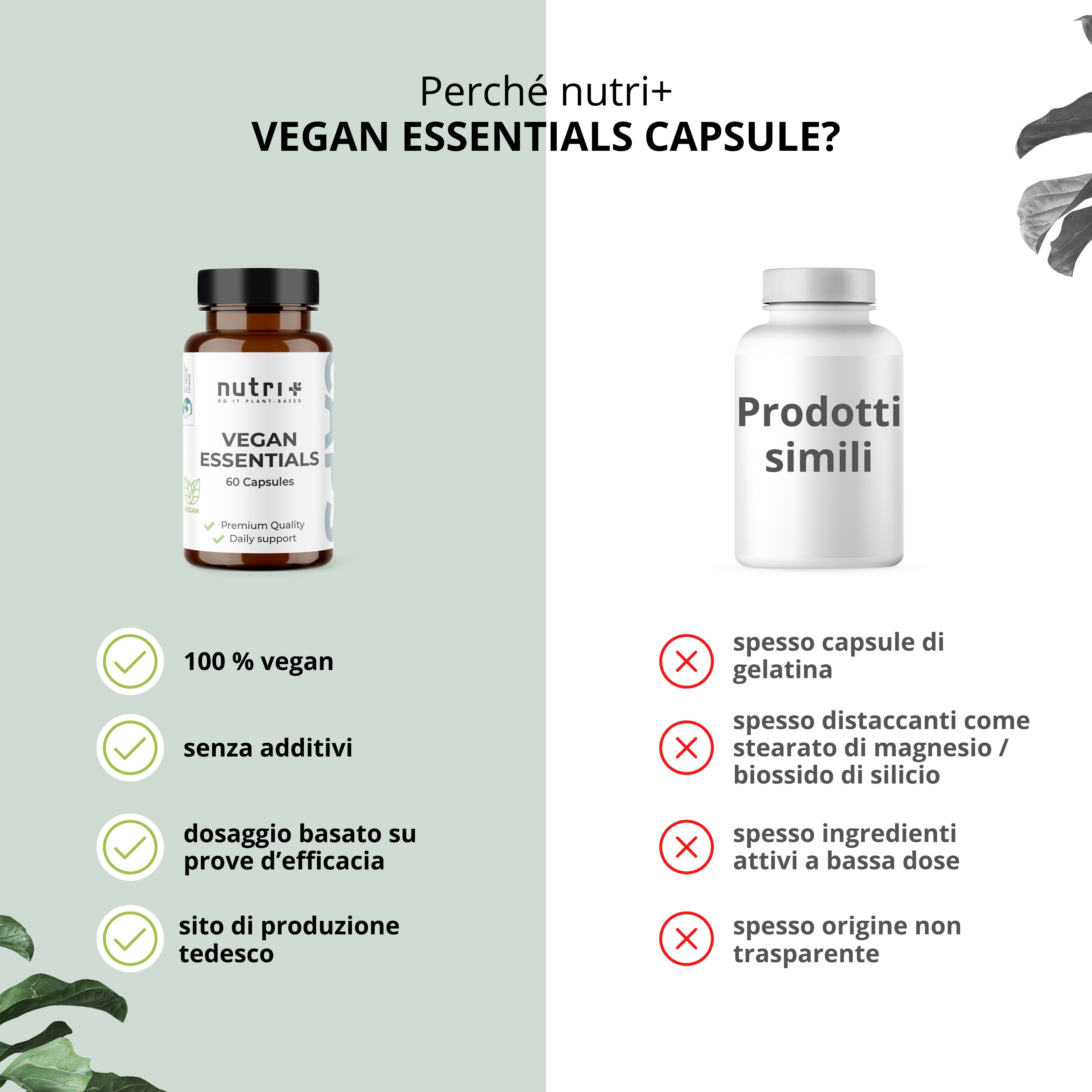 Confronto: vantaggi VEGAN ESSENTIALS vs. prodotti simili. 100% vegano, senza additivi, dosaggio, produzione tedesca.