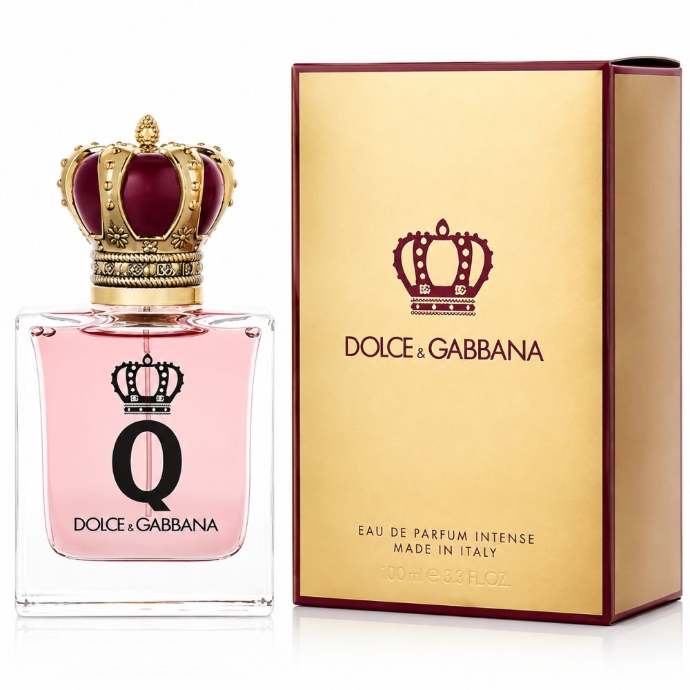 Flacone di profumo con corona dorata e confezione dorata con logo a corona rossa e nome del marchio.