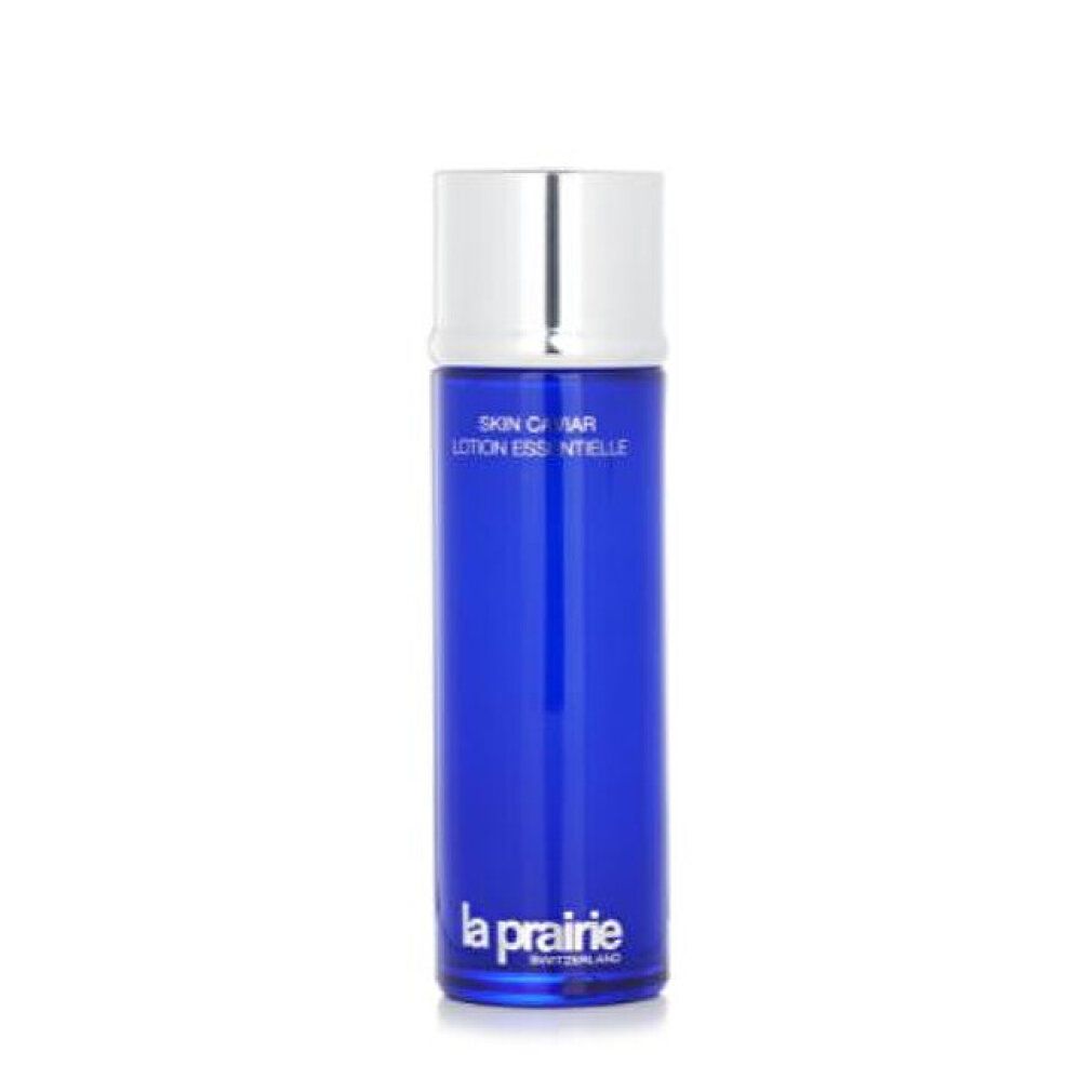 Flacone La Prairie Skin Caviar Essence-in-Lotion, flacone in vetro blu, tappo argentato.