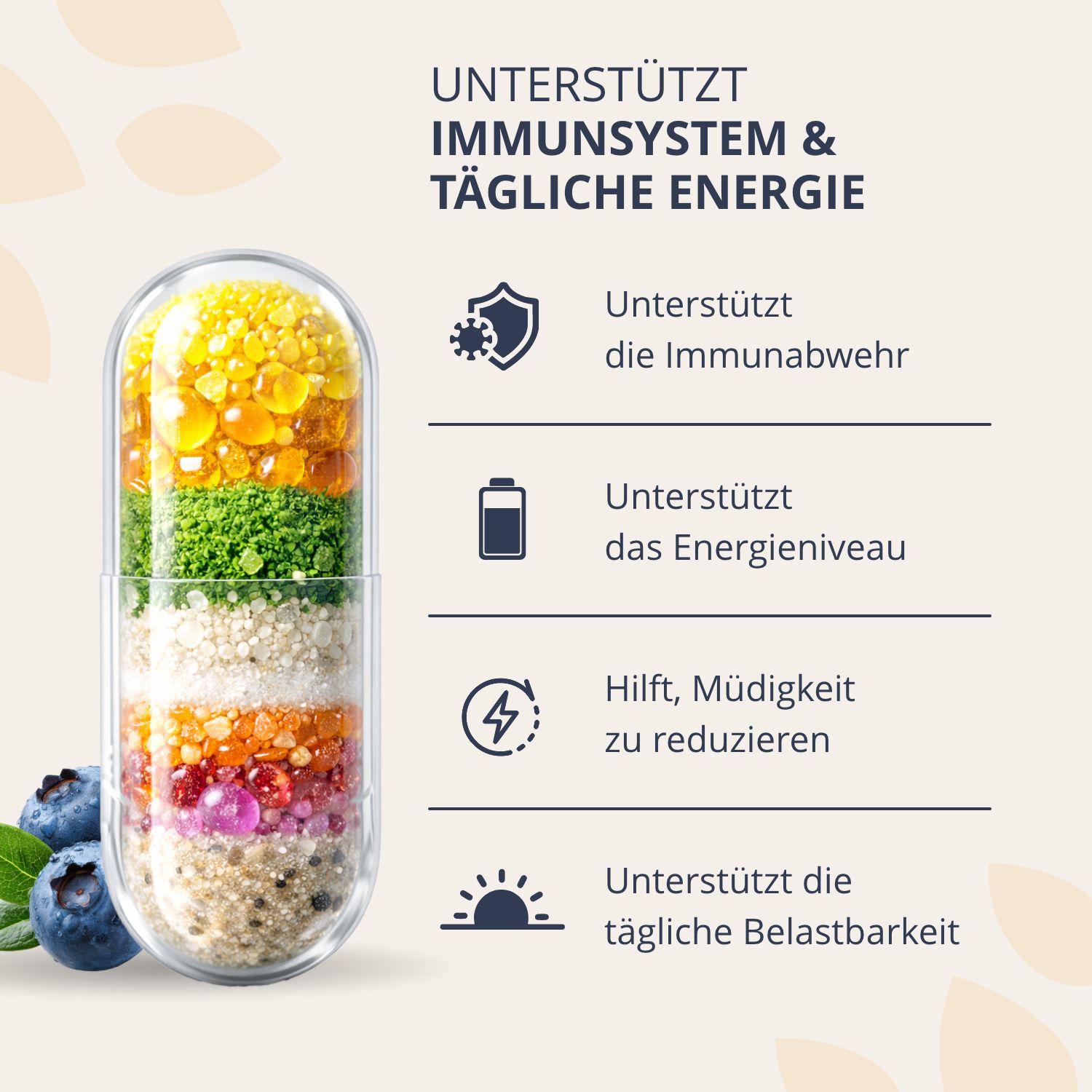 Capsula con strati di nutrienti, supporta il sistema immunitario e l'energia.
