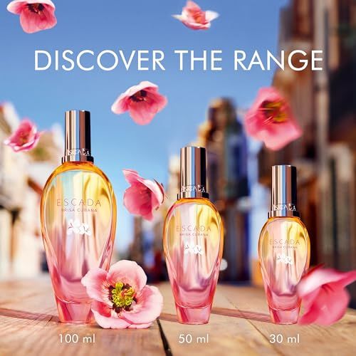 Tre flaconi sfumati giallo-rosa, tappi argento. Scritta: ESCADA Brisa Cubana. Fiori.