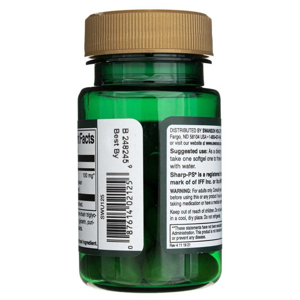Lato di un flacone Swanson Fosfatidilserina da 100 mg con codice a barre e numero distributore.