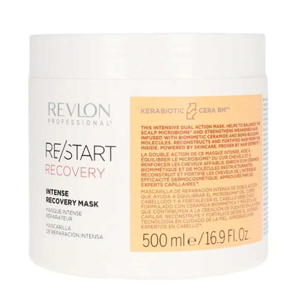 Vaso bianco con testo RE/START RECOVERY. Maschera Intense Recovery. 500 ml.