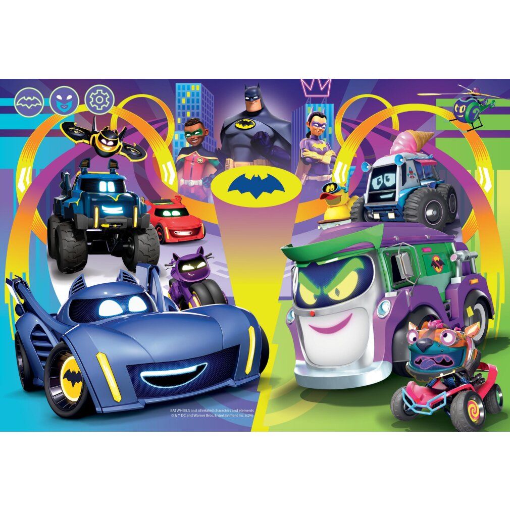 Puzzle con personaggi e veicoli dei fumetti. Batman, Robin e altri personaggi sono visibili.