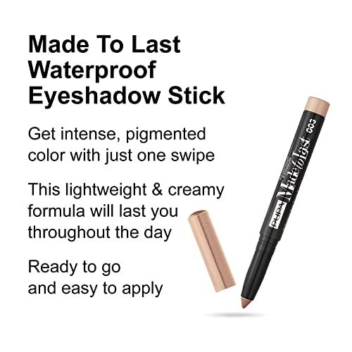 Testo con nome e descrizione del prodotto. Matita nera con nome del prodotto e numero del colore. Colore beige-marrone.