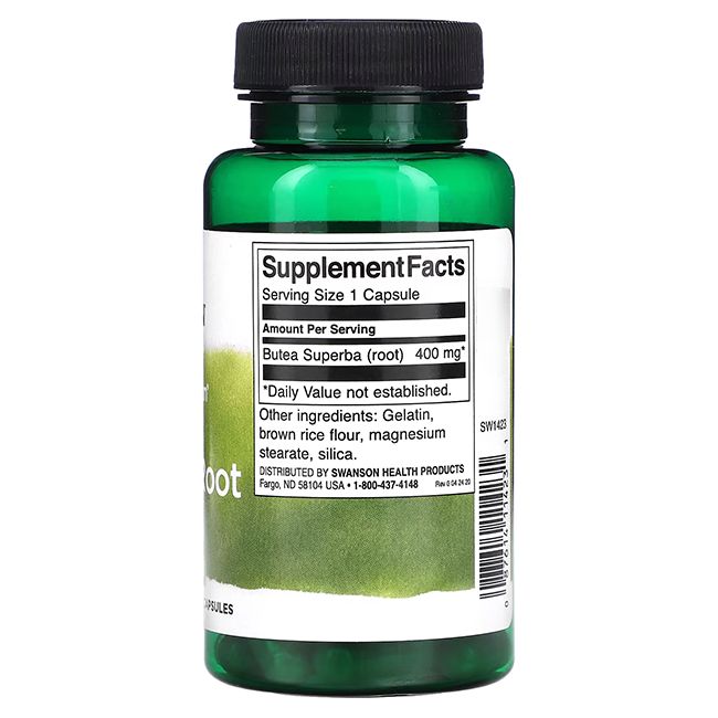 Retro di una bottiglia verde. Scritta: Supplement Facts, Butea Superba (root) 400 mg, 1 capsula.