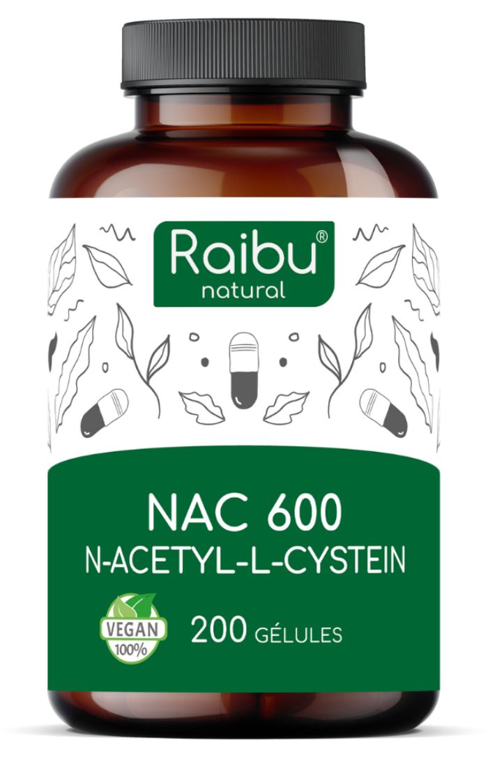 Bottiglia marrone con etichetta bianca. Scritta: NAC 600, N-Acetil-L-Cisteina, 200 capsule. Sigillo vegano.
