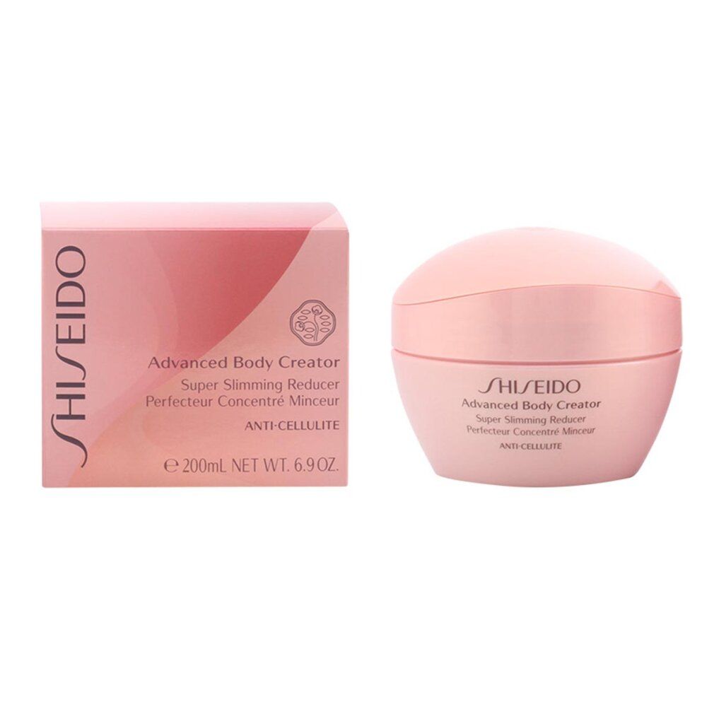 Vaso e scatola rosa. Scritta: Shiseido, Advanced Body Creator, Super Slimming Reducer, Anti-Cellulite. 200 ml.