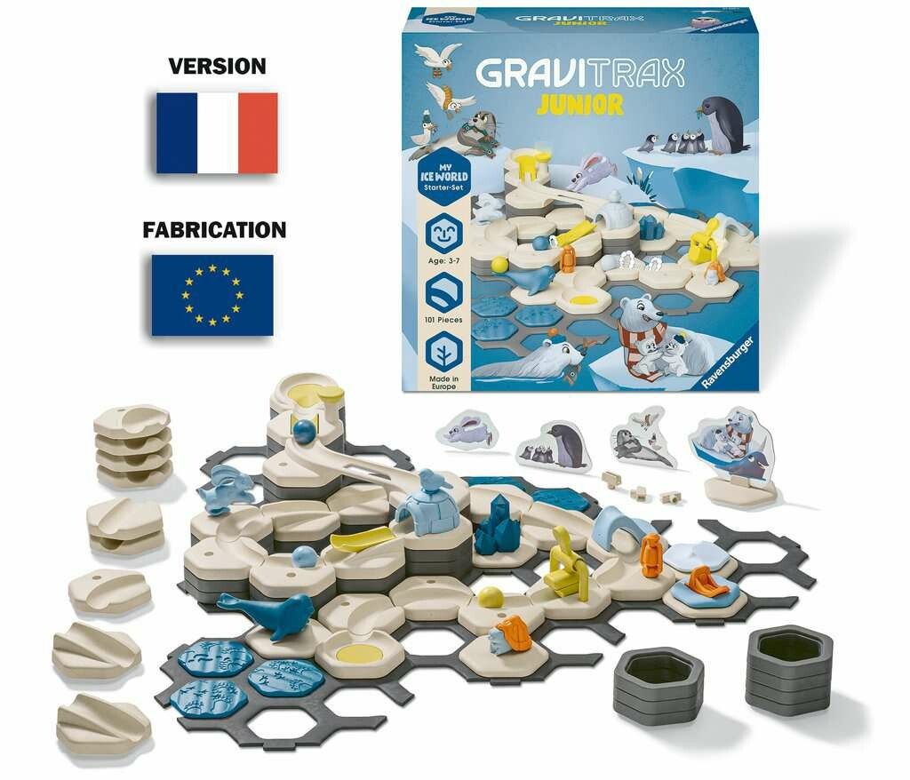 Il Starter-Set L Ice GraviTrax Junior, con mattoncini e accessori. Il set include vari elementi come pinguini, iceberg e una palla blu. La confezione mostra il gioco e la scritta 'My Ice World'. Prodotto in Europa.