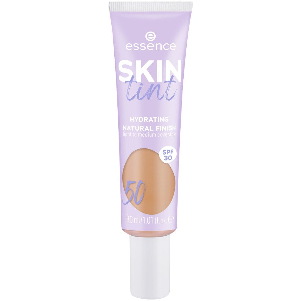 Tubo lilla con tappo bianco. Scritta: Essence Skin Tint, Hydrating Natural Finish, SPF 30. Tonalità 50.