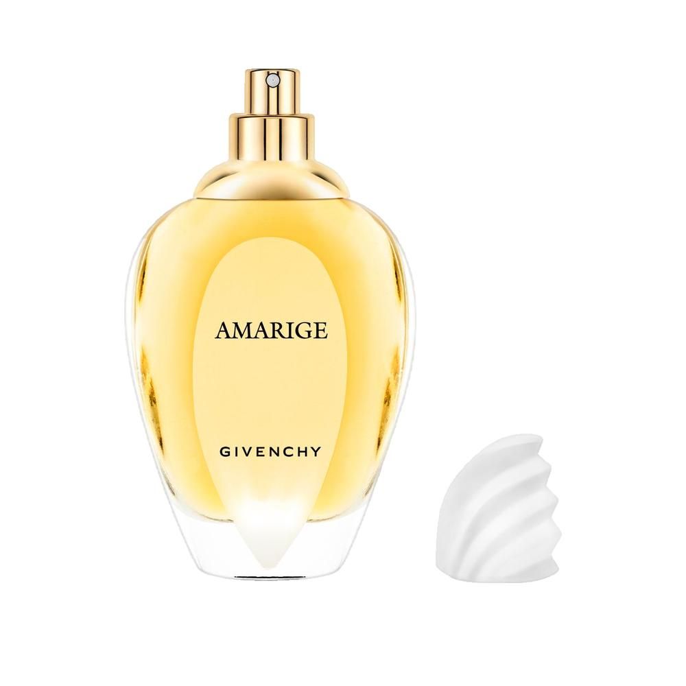 Flacone di profumo con liquido giallo. Scritta "AMARIGE" e "GIVENCHY". Tappo bianco accanto.