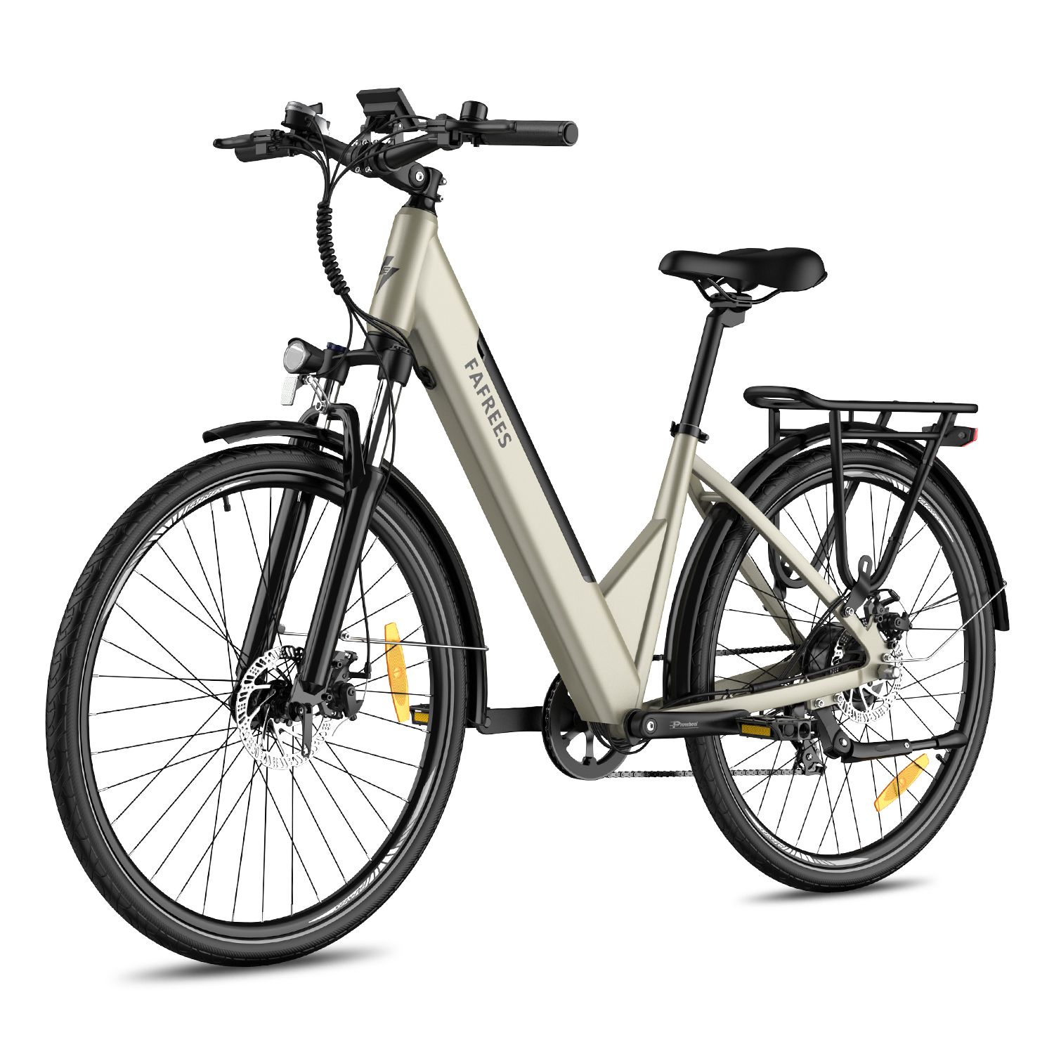 E-bike Fafrees F28 Pro, beige, dettagli neri. Portapacchi, parafanghi, pneumatici CST. Marchio visibile.
