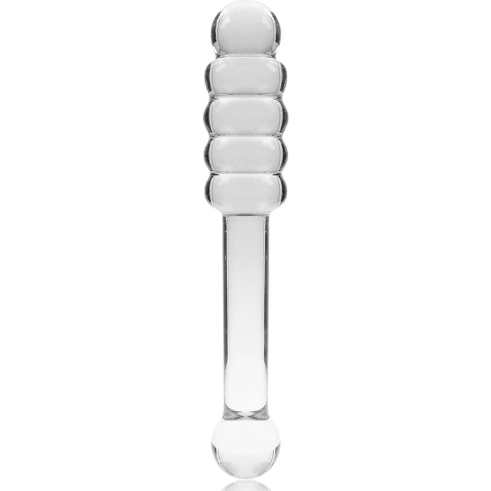 Dildo in vetro borosilicato, lungo 20,5 cm, con testa a coste e impugnatura sferica.