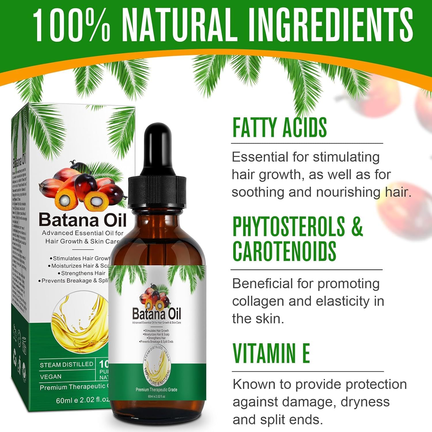 Flacone e confezione di Batana Oil. Testo: 100% ingredienti naturali. Descrizioni degli ingredienti: acidi grassi, fitosteroli, vitamina E.