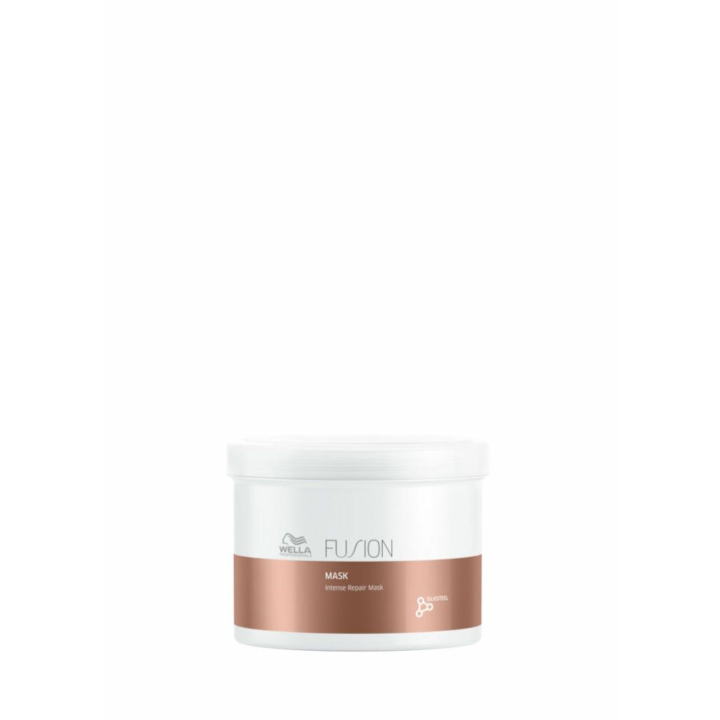 Vaso bianco con fascia marrone. Scritta: Wella Fusion Mask. Logo e simbolo Silkteel.