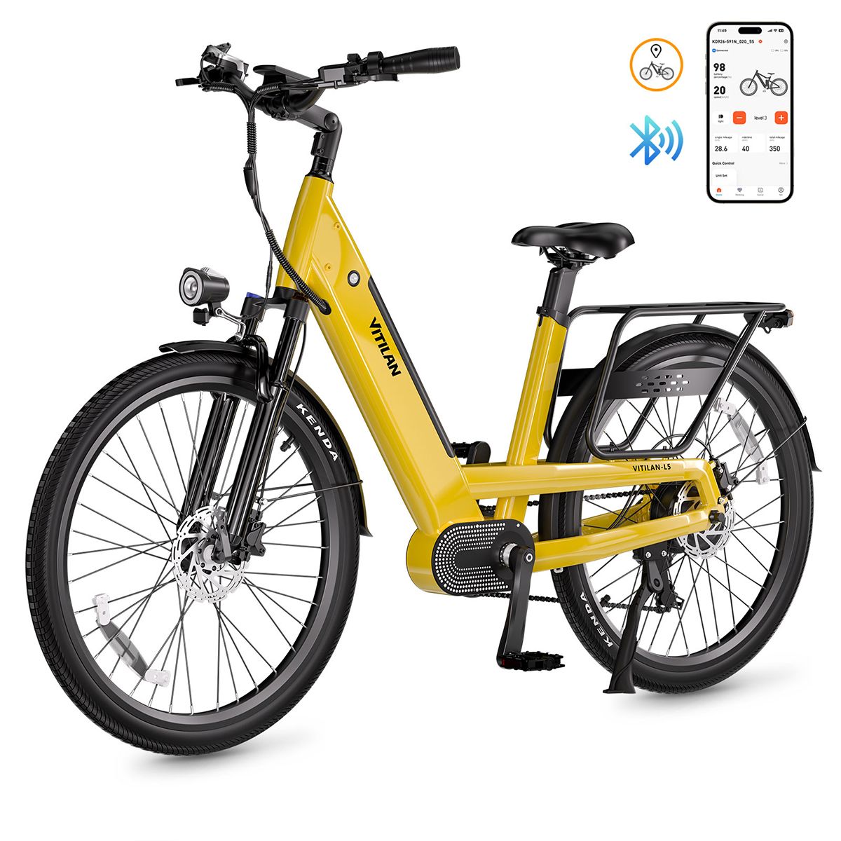 E-bike Vitilan L5 gialla con app per smartphone. Pneumatici neri, portapacchi, faro. Simbolo Bluetooth.