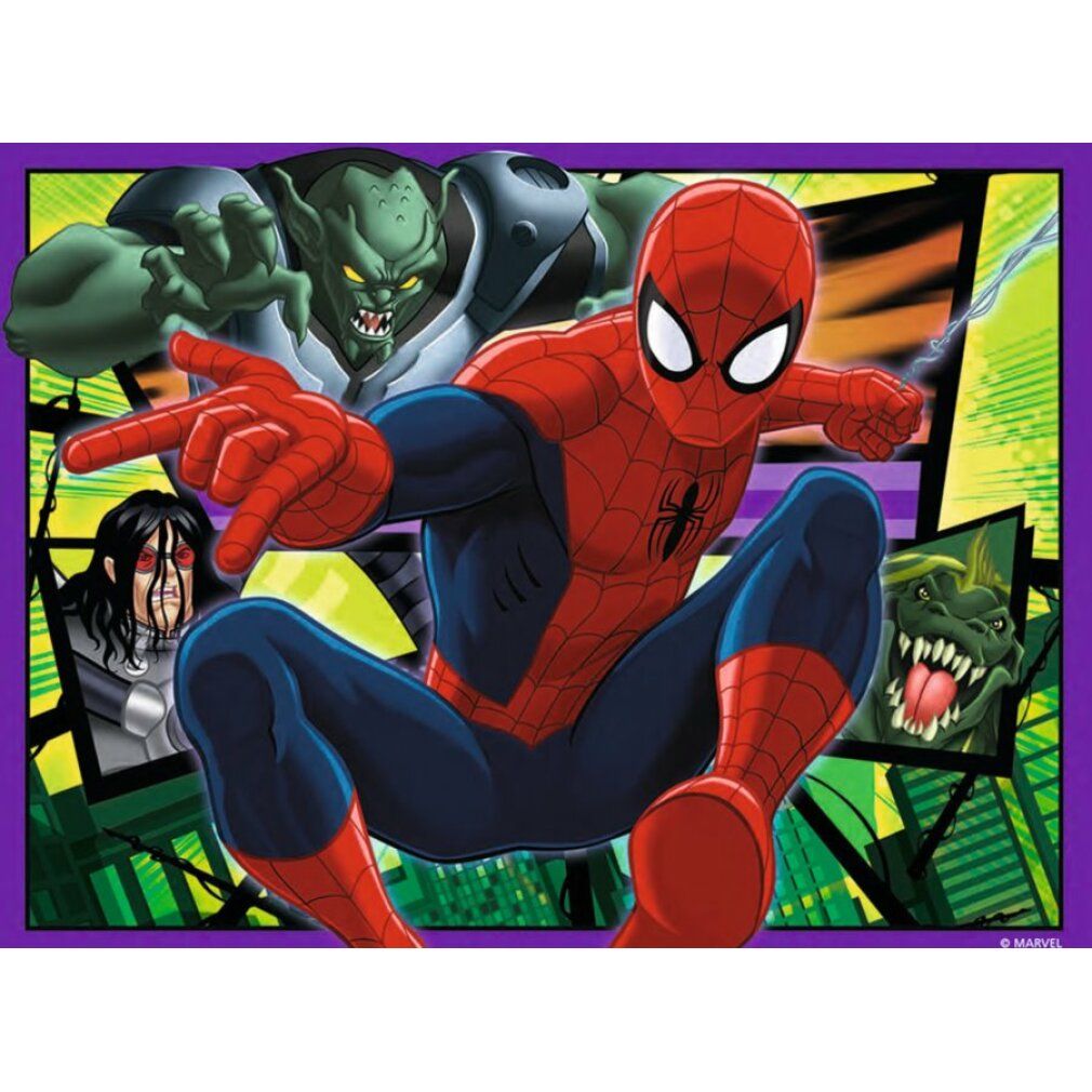 Puzzle con Spiderman e personaggi dei fumetti. Sfondo rosso. Spiderman in posa. Loghi Marvel e Ravensburger visibili.