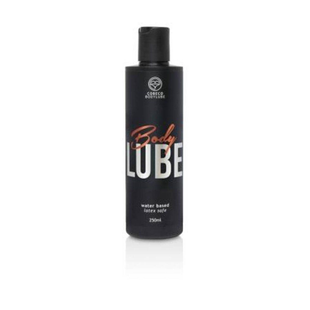 Flacone nero con tappo nero. Scritta "Body LUBE" in bianco e arancione. Testo: "water based latex safe".