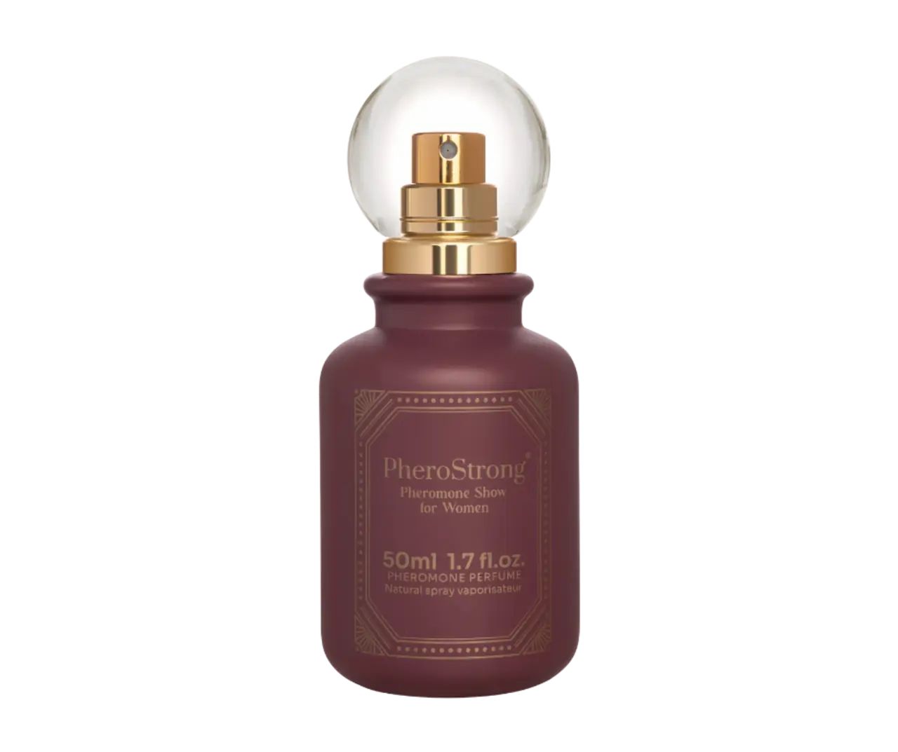 Flacone bordeaux con vaporizzatore dorato. Nome e testo del prodotto sul flacone. Sfera di vetro trasparente sul vaporizzatore.