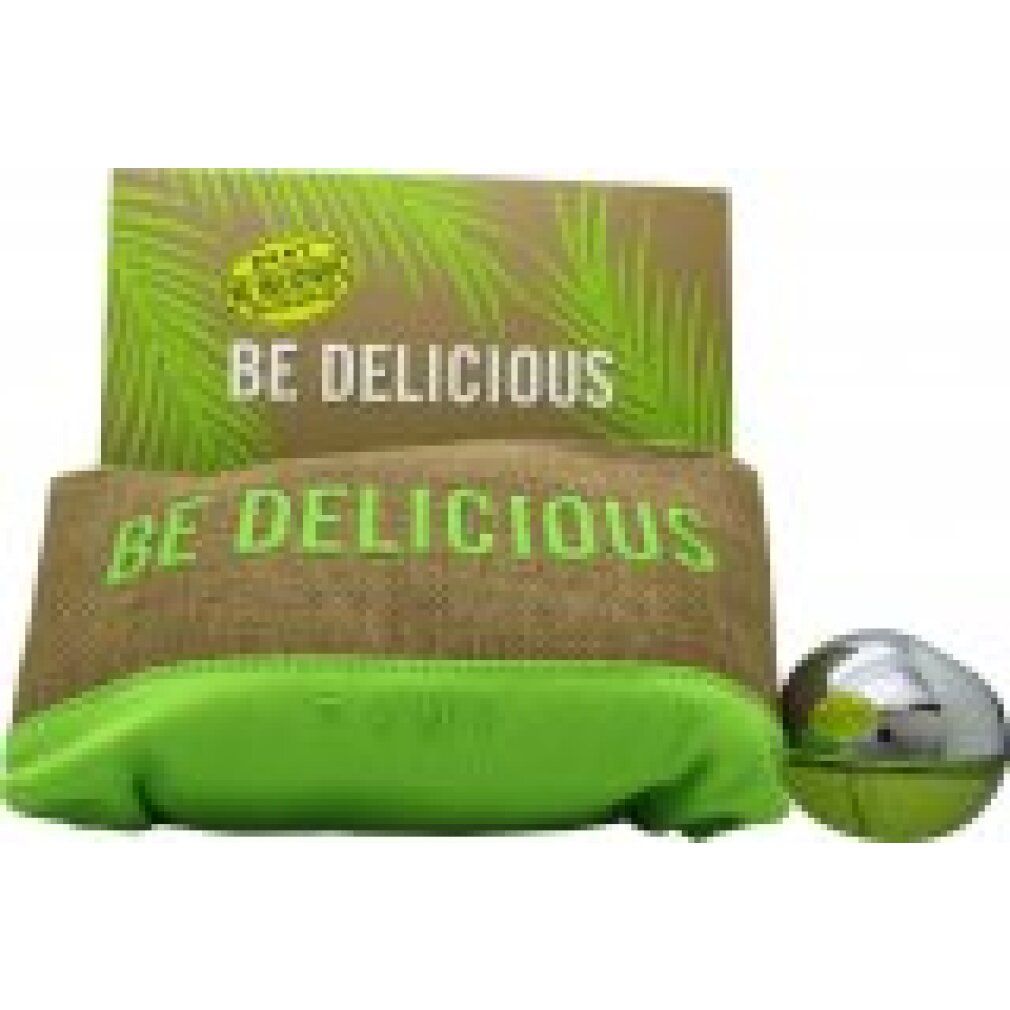 Set regalo con scatola, pochette e flacone. Scritta "BE DELICIOUS". Flacone rotondo, verde. Pochette in lino.