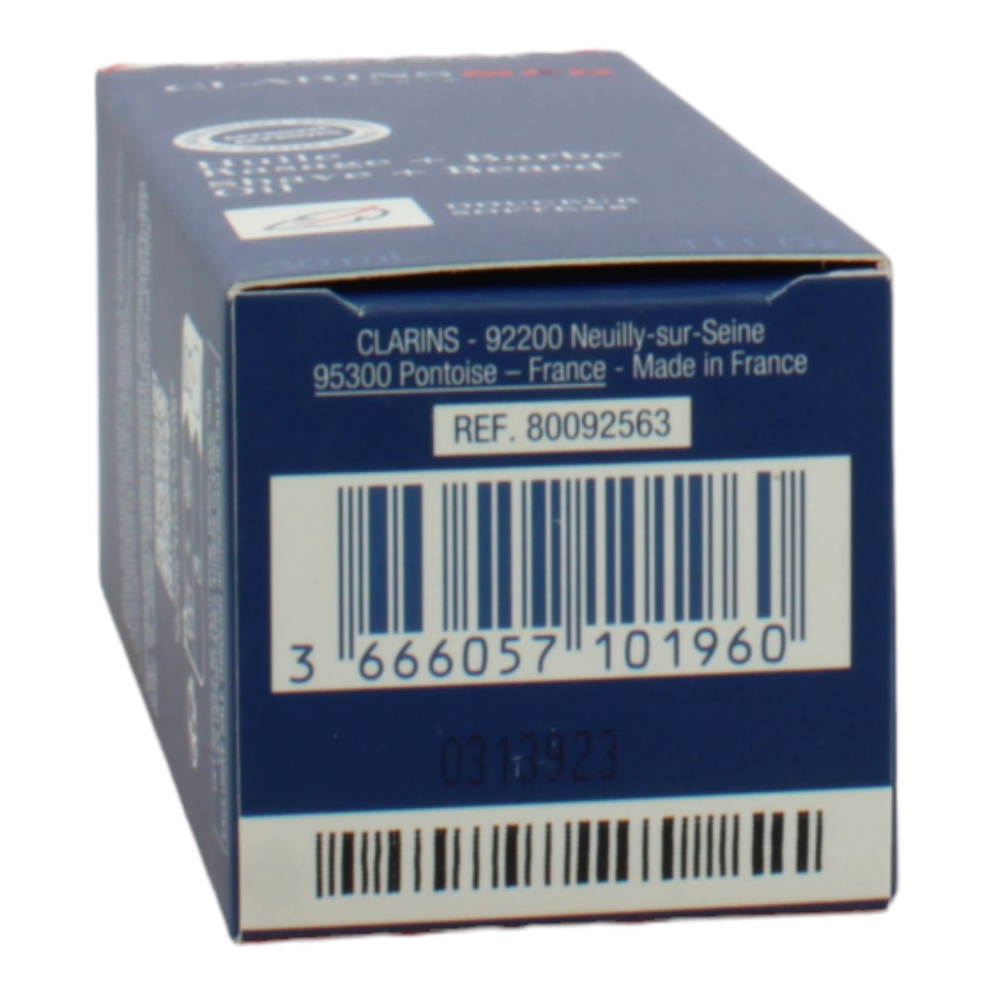 Confezione blu. Codice a barre e testo: Clarins, 92200 Neuilly-sur-Seine, 95300 Pontoise, Francia. REF. 80092563.