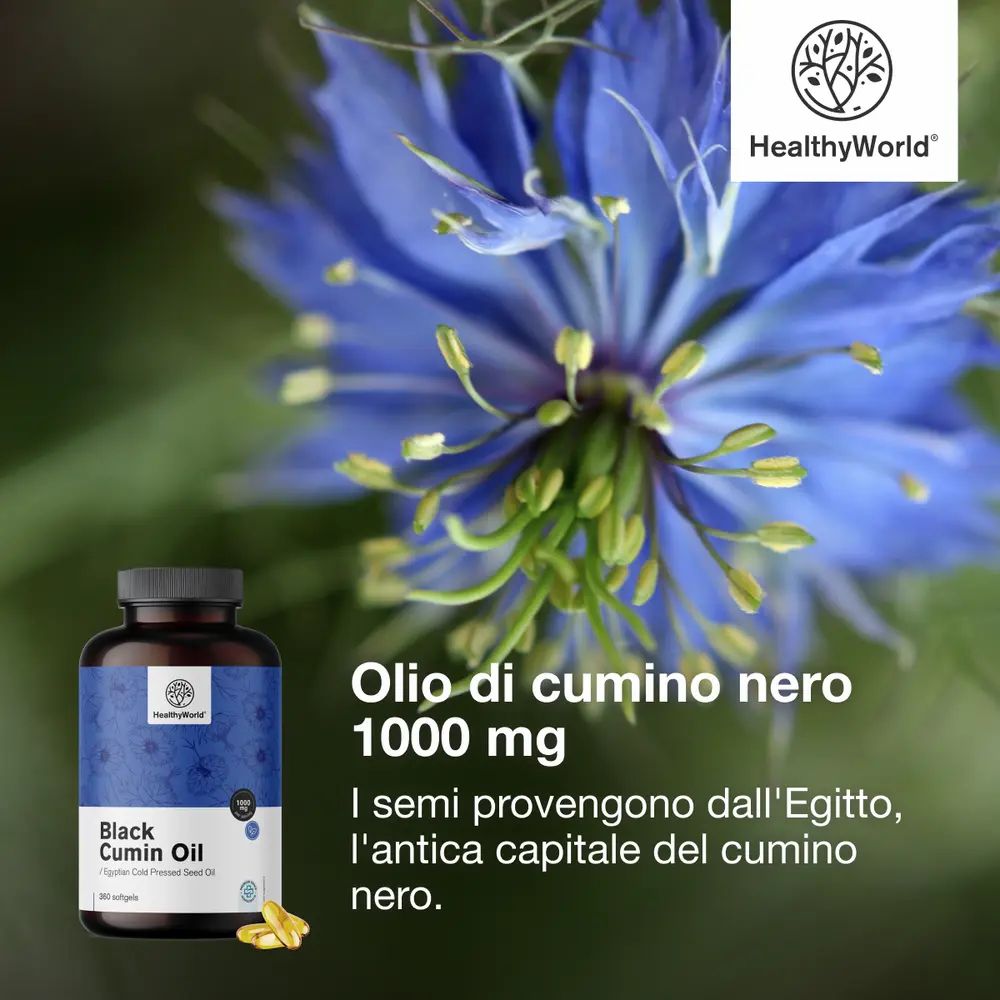 Fiore e flaconi di prodotto con capsule. Testo: Olio di cumino nero 1000 mg. Marchio: HealthyWorld.