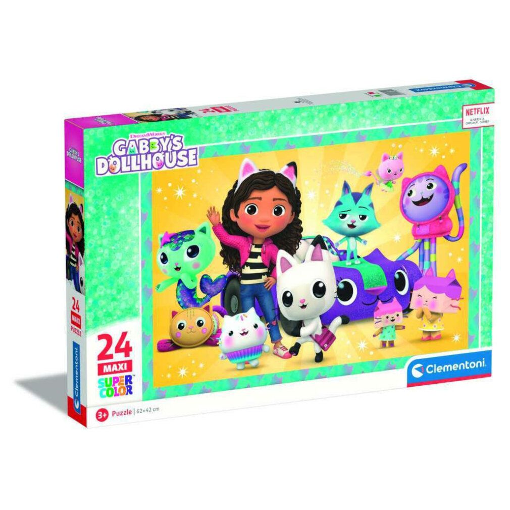 Scatola puzzle con personaggi di Gabby's Dollhouse. Scatola rettangolare con motivo puzzle. Scritta: 24 Maxi Super Color. Marchio: Clementoni.