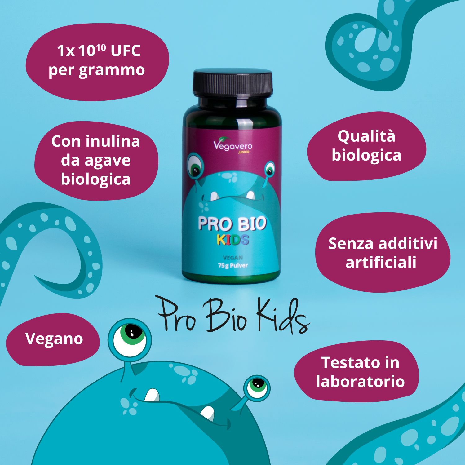 Barattolo Vegavaro Pro Bio Kids con testo e illustrazioni. Scritta: PRO BIO KIDS, Vegan, 75g polvere. Informazioni aggiuntive.