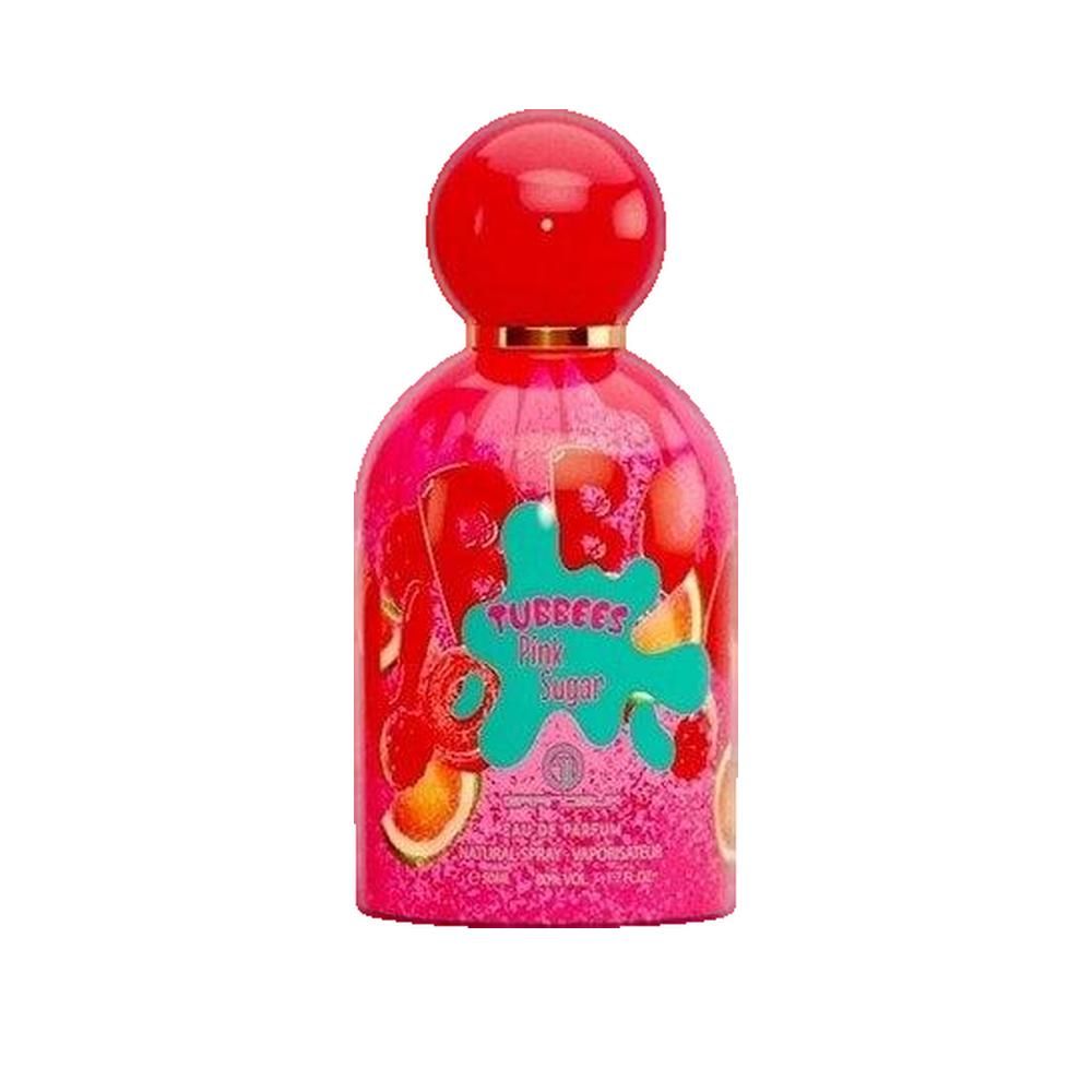 Flacone rosa con tappo rosso. Scritta: TUBBEES Pink Sugar. Motivi fruttati. Collo dorato.