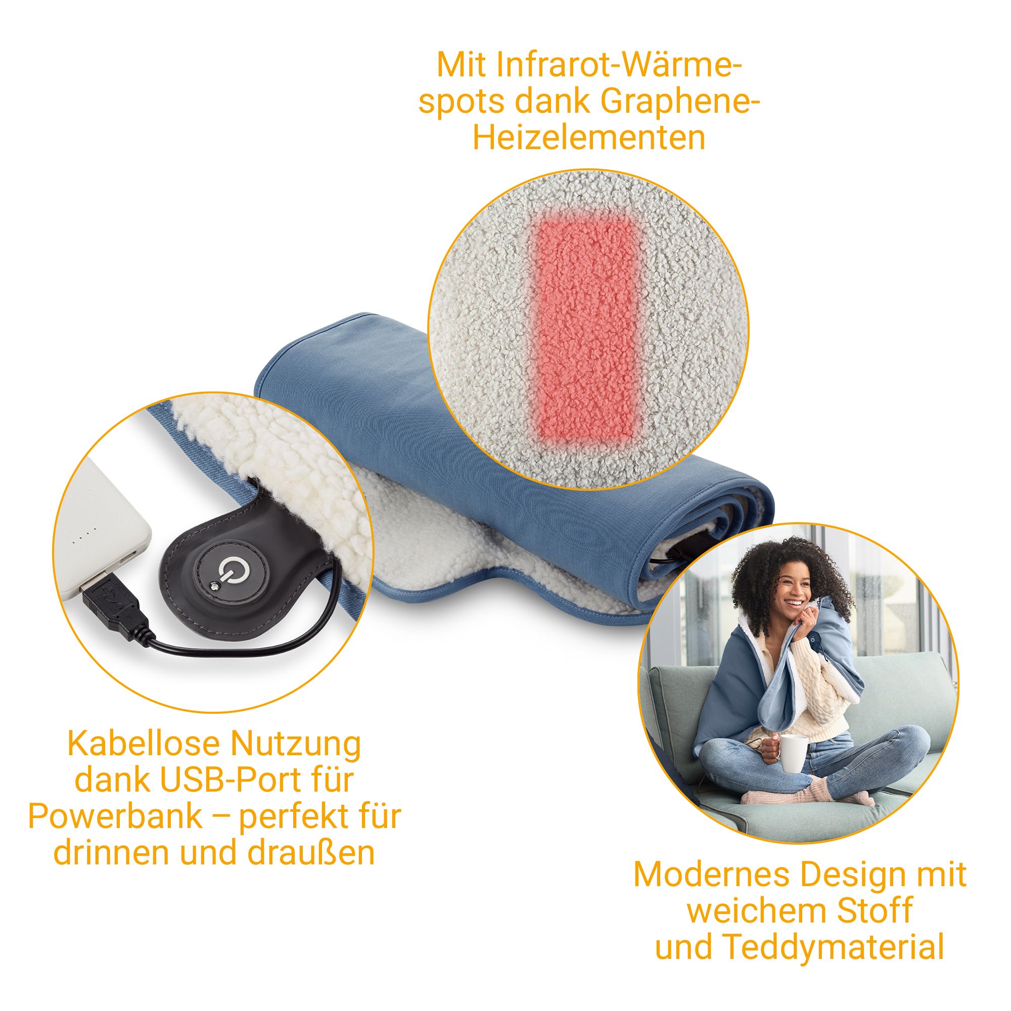 Coperta riscaldante con elementi riscaldanti in grafene e porta USB per power bank.