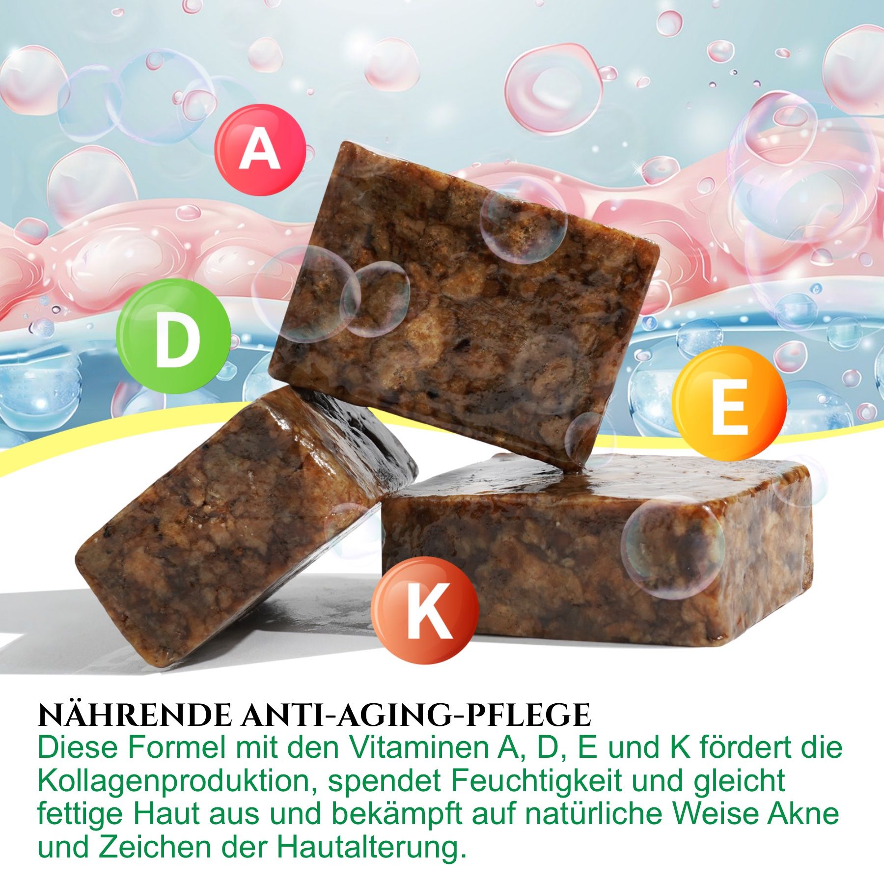 Tre pezzi di sapone nero. Testo: Cura anti-età nutriente. Con vitamine A, D, E e K. Favorisce la produzione di collagene.