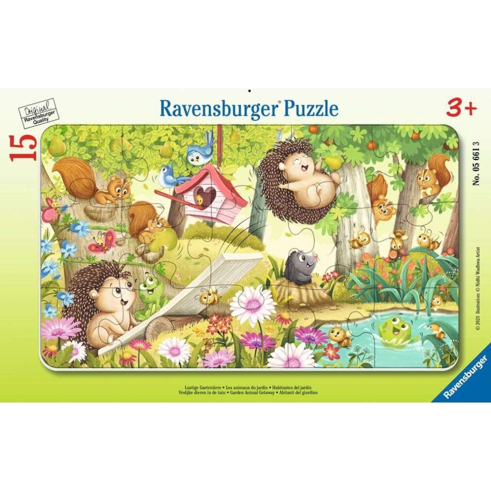 Puzzle da 15 pezzi. Scena del giardino con animali. Confezione con nome del prodotto e indicazione di età 3+.