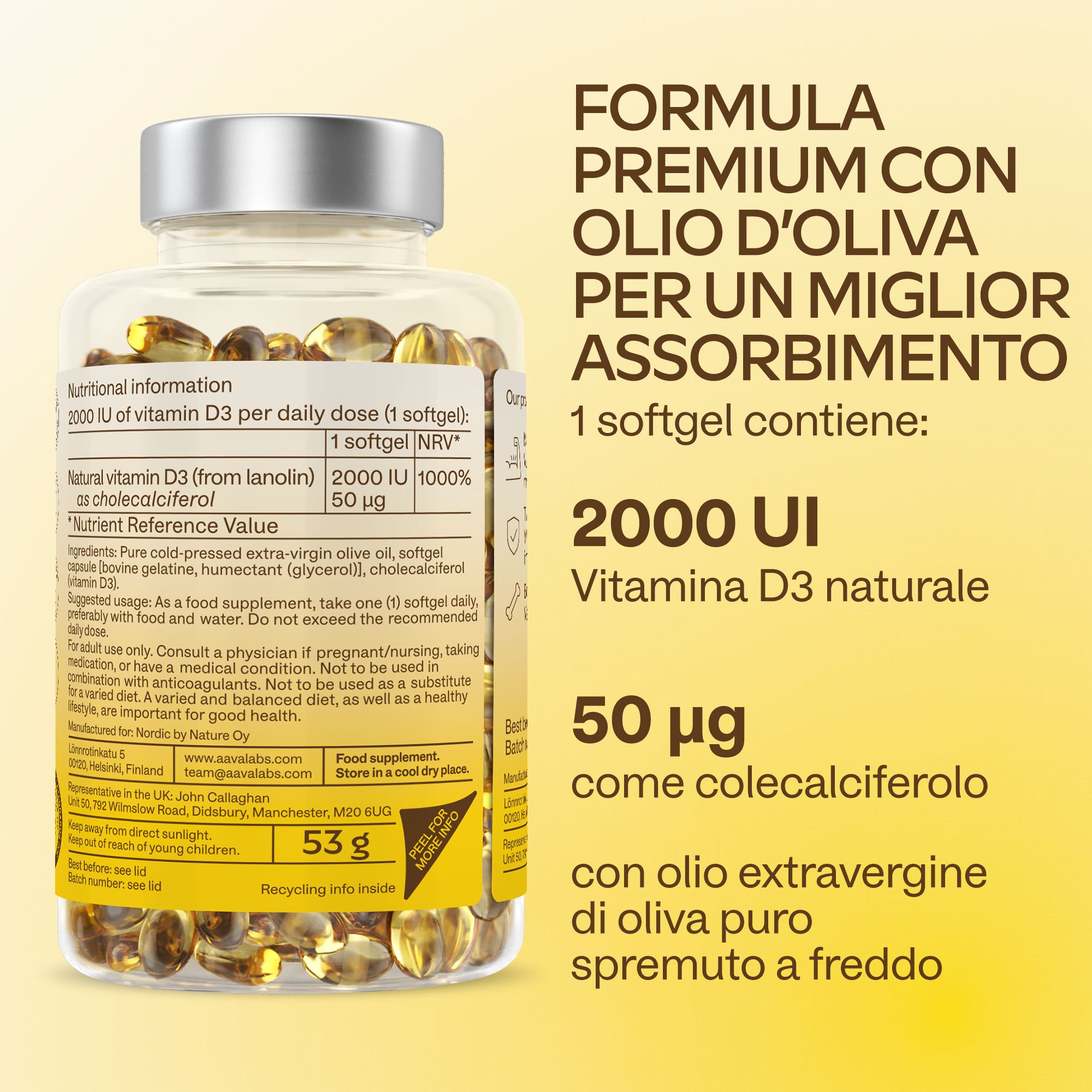 Informazioni nutrizionali Aavalabs Vitamina D3 con olio d'oliva, 2000 UI.