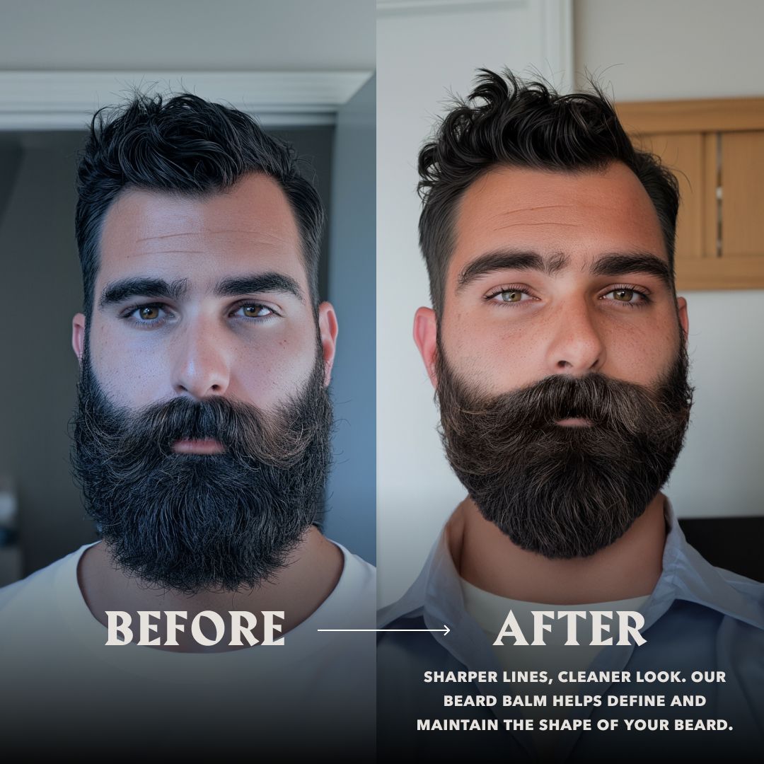 Confronto prima e dopo di un uomo con barba definita e modellata da balsamo da barba.