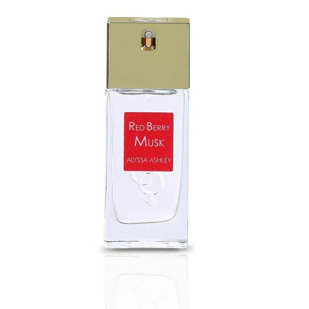 Flacone spray di profumo rettangolare in vetro con tappo dorato. Etichetta rossa con testo: Red Berry Musk, Alyssa Ashley.