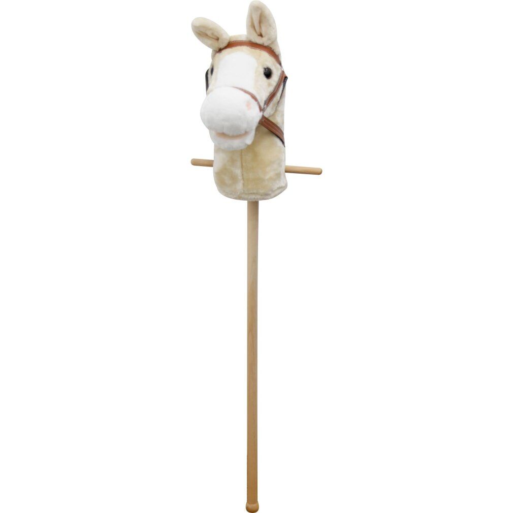 Cavallo a dondolo in peluche color crema, finimenti marroni. Manico in legno.