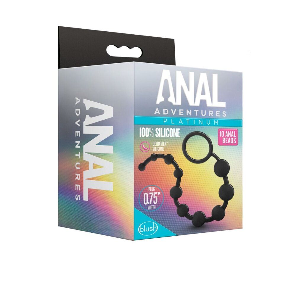 Confezione di perline anali nere. Scritta: ANAL ADVENTURES PLATINUM, 100% Silicone, 10 perline anali. Marchio: blush.