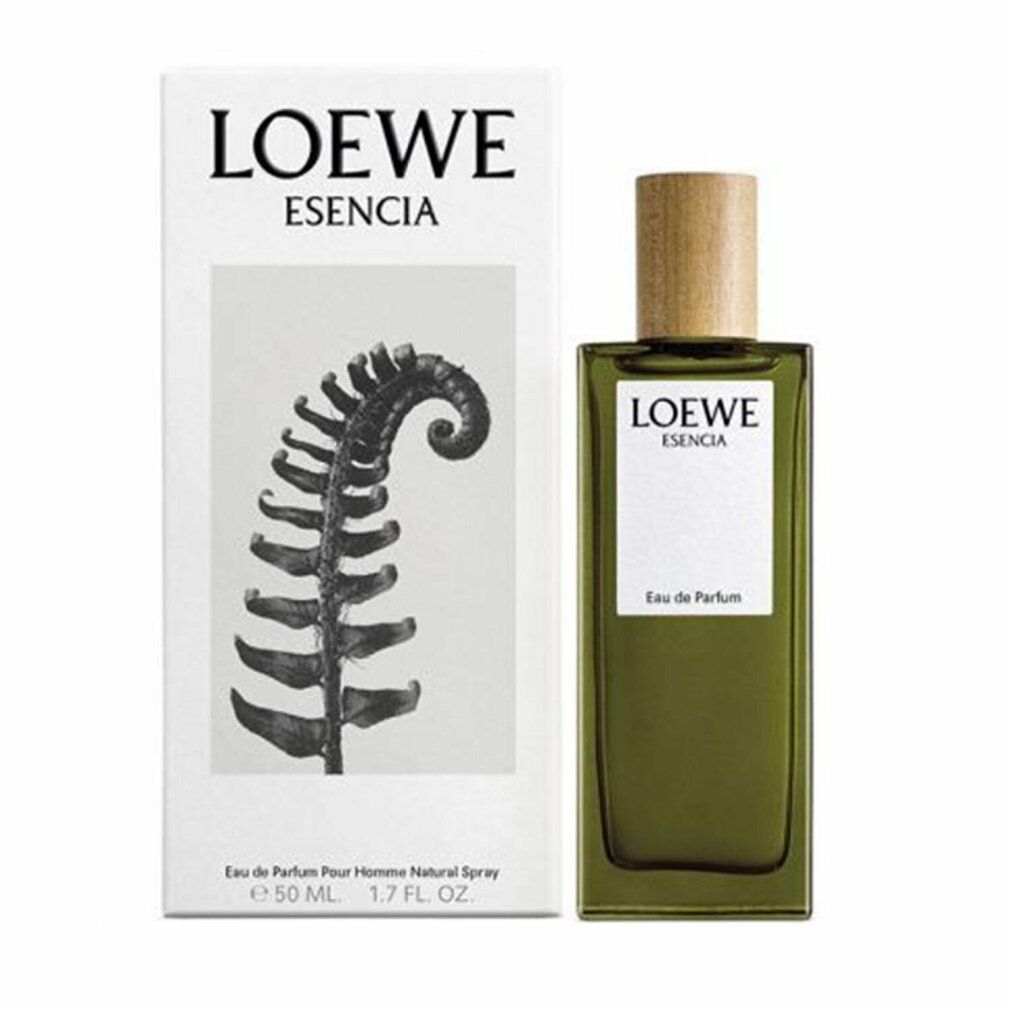 Flacone verde con tappo in legno e confezione. Confezione con illustrazione di felce e testo: LOEWE ESENCIA.