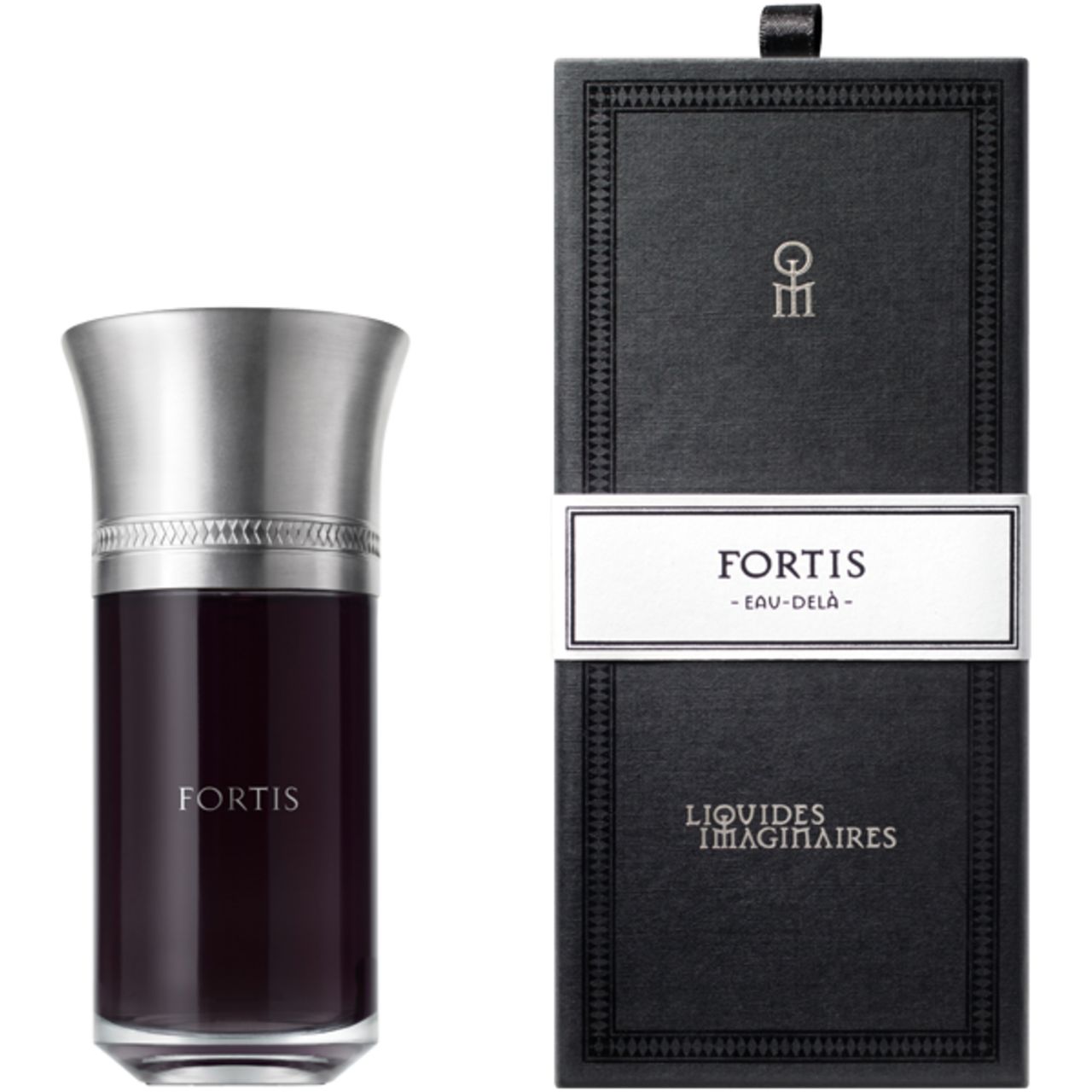 Flacone e confezione. Flacone con tappo argentato. Scritta FORTIS. Confezione con logo e testo.