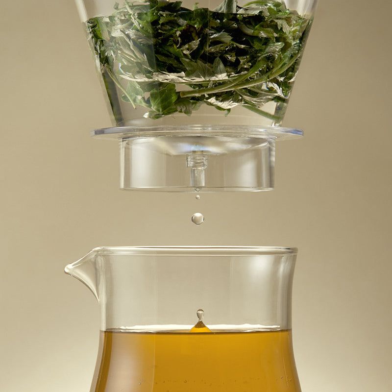 Contenitore di vetro con erbe sopra un contenitore con liquido. Cadono gocce d'acqua.