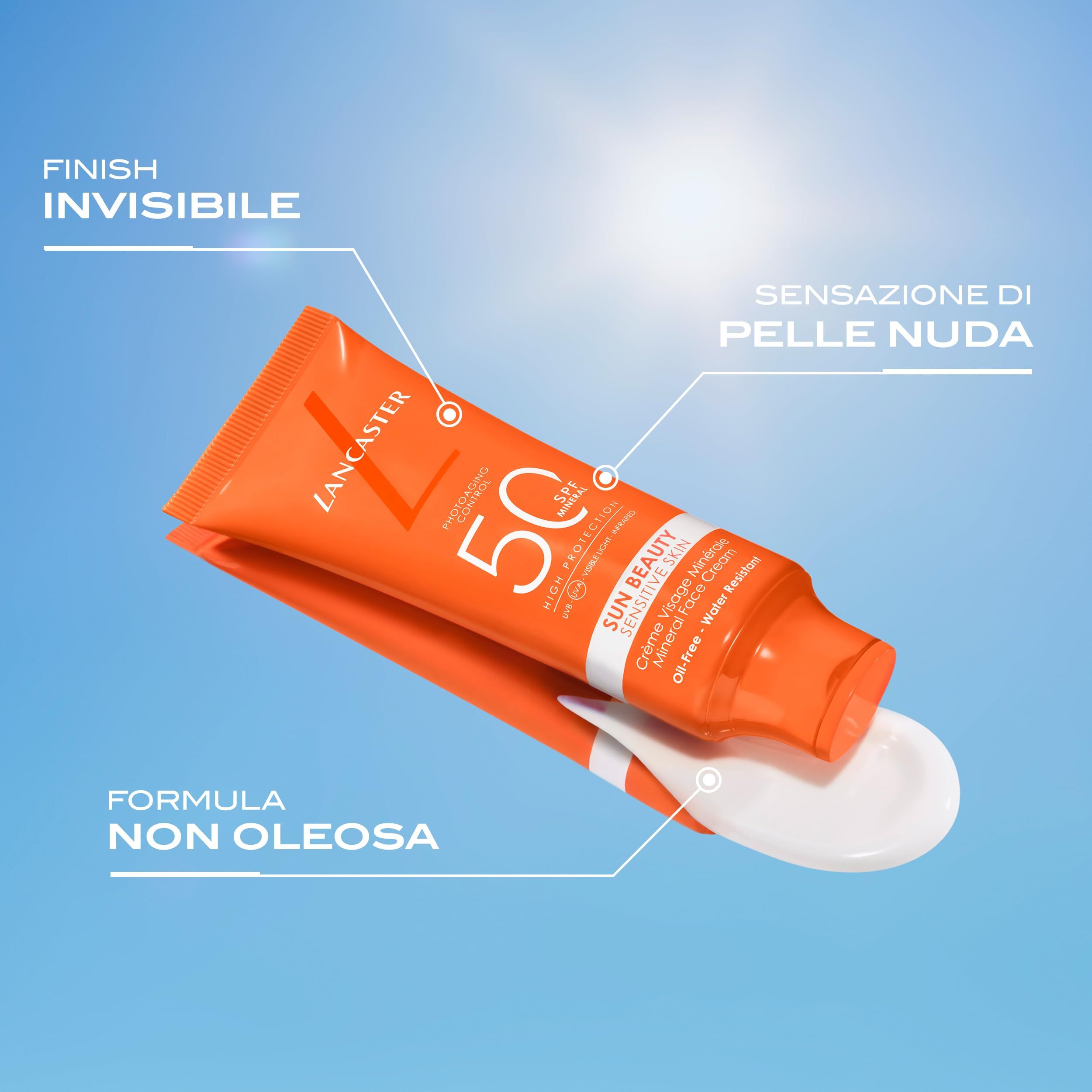 Tubo arancione con crema. Lancaster, SPF 50, Sun Beauty. Crema su superficie. Non grassa, resistente all'acqua.