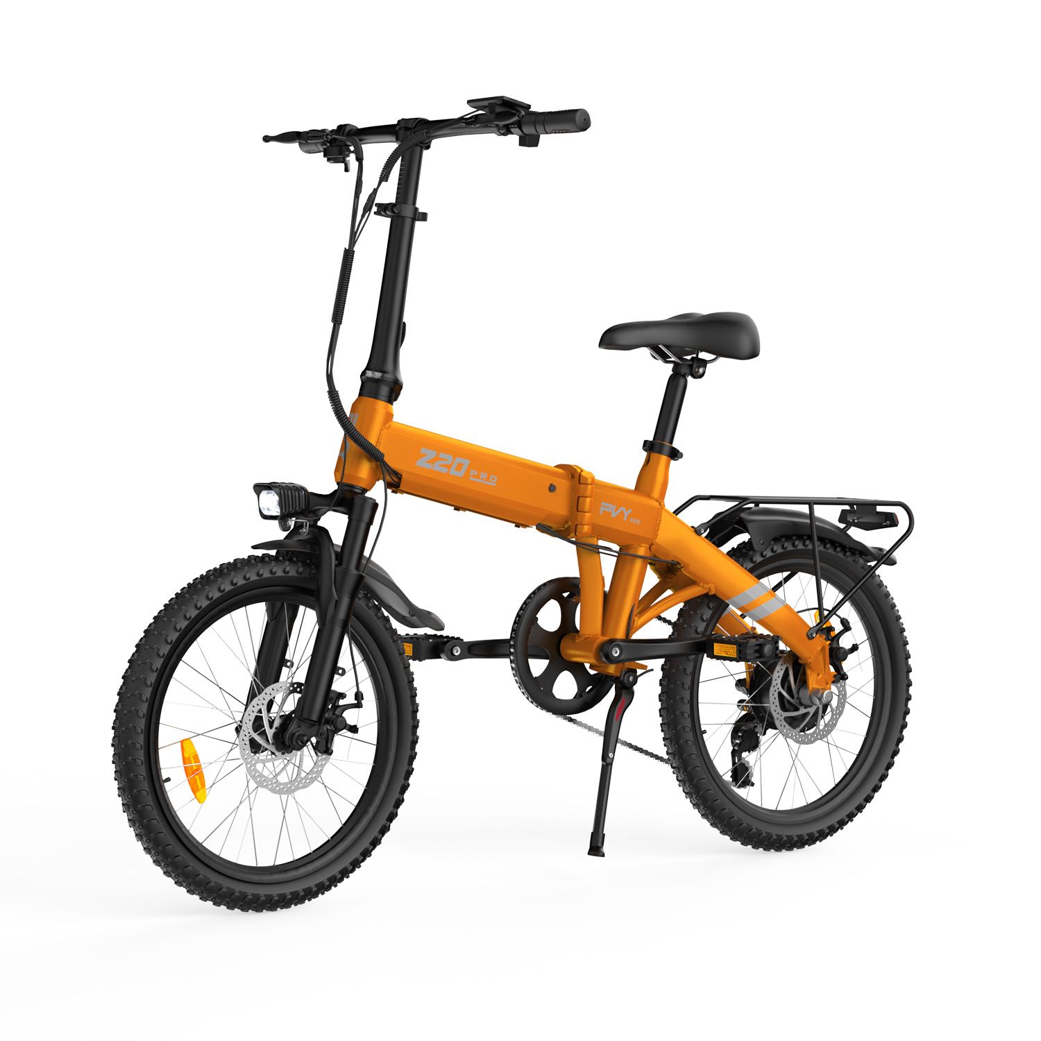 E-bike pieghevole arancione con telaio nero, portapacchi e faro. Scritta Z20 PRO EVO.