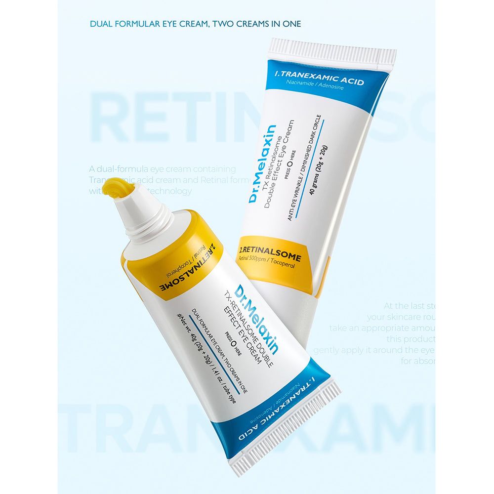 Due tubetti di crema contorno occhi a doppio effetto Dr. Melaxin TX Retinalsome, uno leggermente premuto, su sfondo bianco.