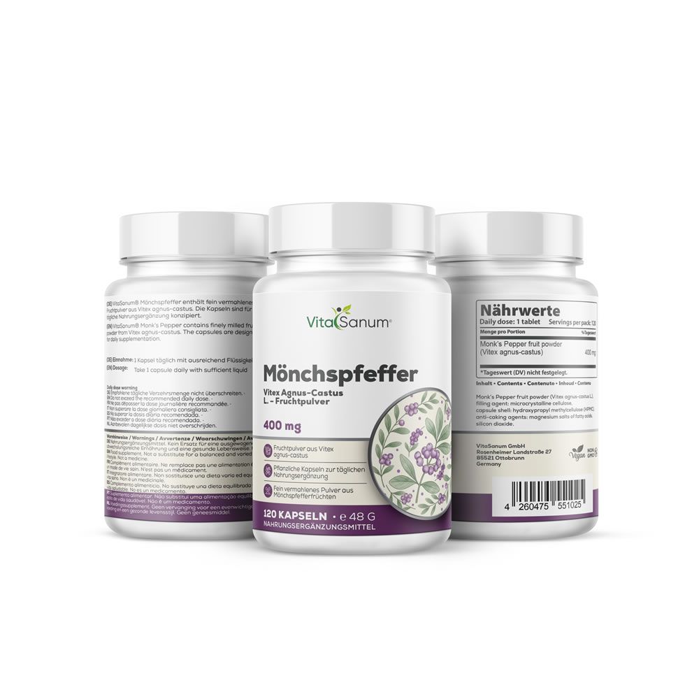 Tre flaconi bianchi VitaSanum Mönchspfeffer. Scritta: 400 mg, 120 capsule. Illustrazione di fiori viola. Integratore alimentare.